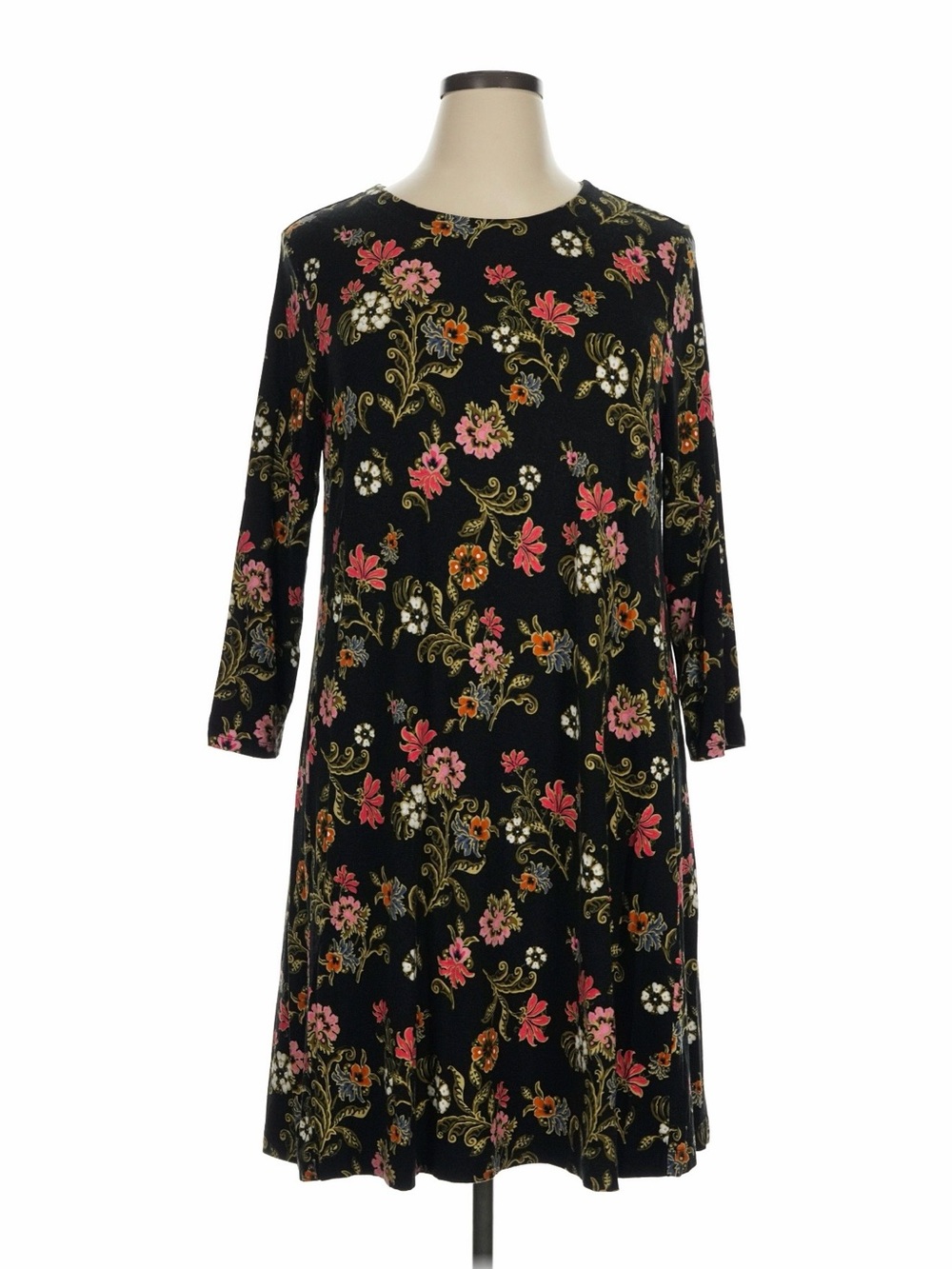 LOFT Black Floral Long-Sleeve A-Line Dress with Pink & Green Accents